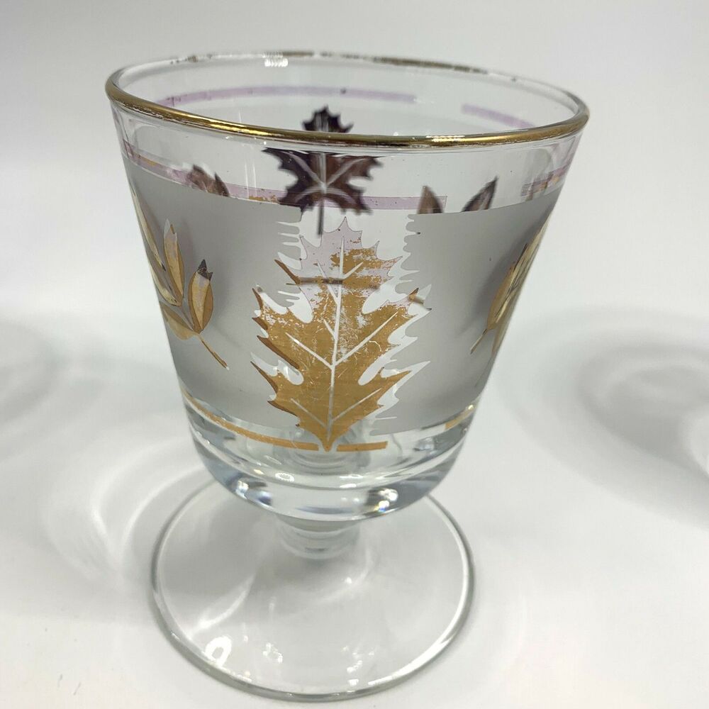Lot 3 MCM Libby Golden Foliage Footed Rocks Glasses Autumn Leaf Vintage Barware - Picture 5 of 5
